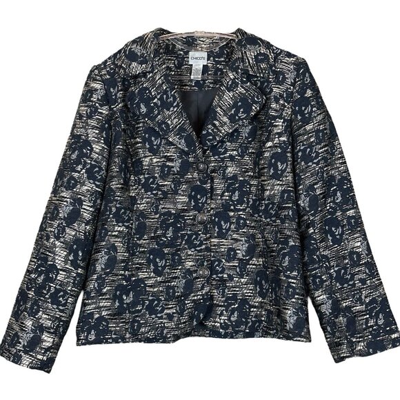 Chicos Tweed Floral Print Buttoned Blazer Jacket Navy Blue Black Gray Size 2 / L - Picture 7 of 7